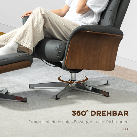 Rootz Relaxation Chair with Stool - Reclining Swivel Chair - Leather Look Armchair - 360° Rotation - 80W x 84D x 108H cm
