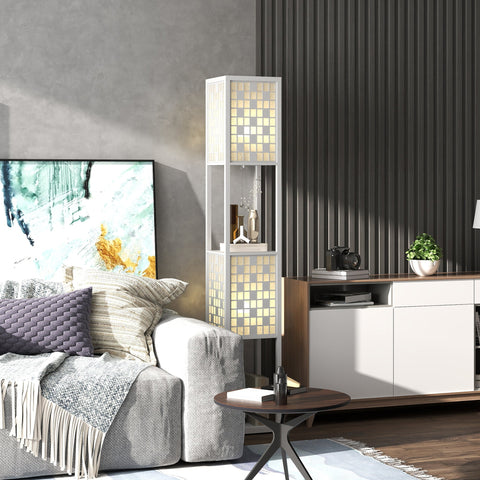 Rootz Floor Lamp - Grid Pattern Lamp - 2-Level Shelves - Enhances Ambient Lighting - White - 155.5H cm with 35.5L x 22.2B cm Lampshade