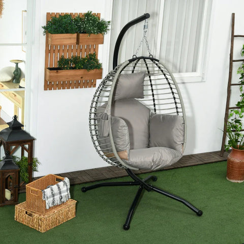 Rootz Outdoor Hanging Chair - Seat and Back Cushion - Foldable Seat Basket - Cup Holder - Metal Frame - Grey - 110L x 100W x 188H cm
