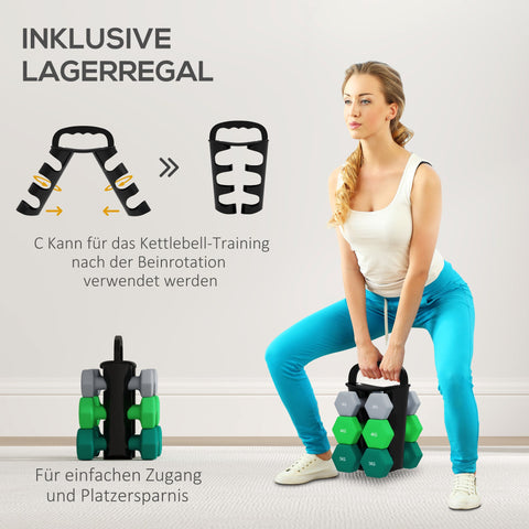 Rootz Dumbbell Set with Rack - Weights - Fitness Equipment - Hexagonal Design - Space-Saving - 3kg to 5kg - Dumbbell 18x8x8cm, Rack 42x10x30cm