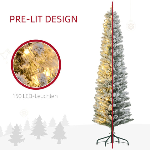 Rootz Snow-Covered Artificial Christmas Tree - Greenery Tree - LED Fairy Lights - Slim Shape - Lush Appearance - 52cm x 180cm