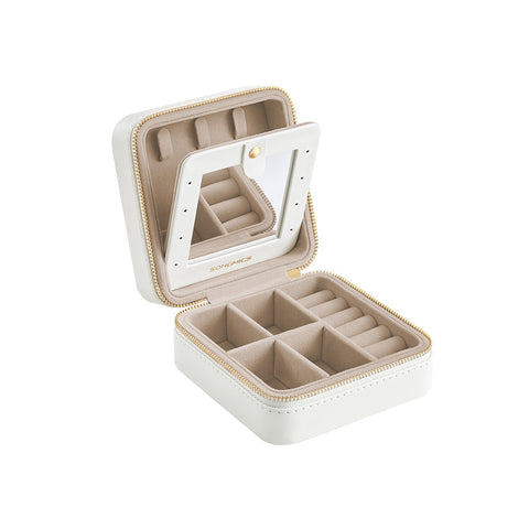 Rootz Travel Jewelry Box - Organizer Case - Storage Container - MDF PU Velvet - Lightweight Compact Design - Cloud White - 11.4cm x 11.4cm x 5.5cm