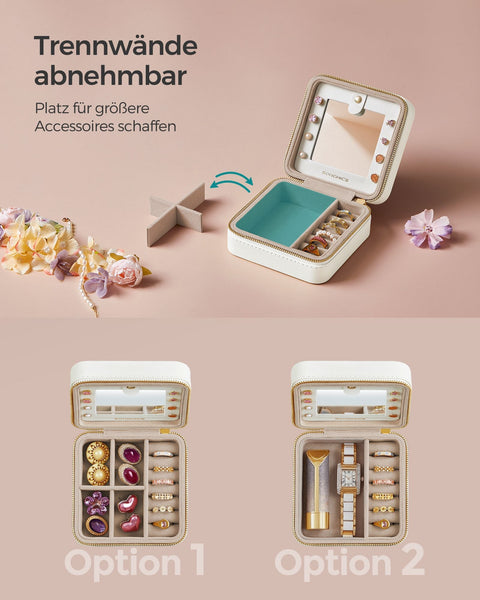 Rootz Travel Jewelry Box - Organizer Case - Storage Container - MDF PU Velvet - Lightweight Compact Design - Cloud White - 11.4cm x 11.4cm x 5.5cm