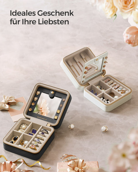 Rootz Travel Jewelry Box - Organizer Case - Storage Container - MDF PU Velvet - Lightweight Compact Design - Cloud White - 11.4cm x 11.4cm x 5.5cm