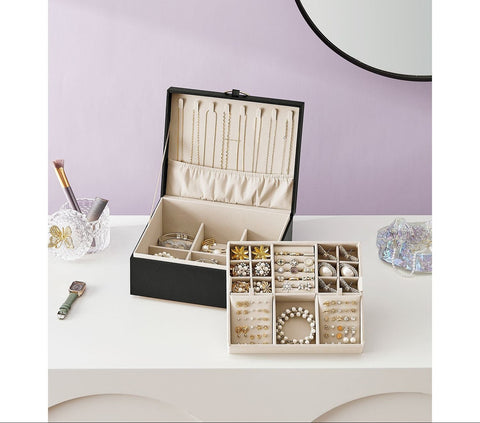 Rootz 2 Level Jewelry Box - Trinket Holder - Storage Case - Flexible Jewelry Tray - MDF & Velvet - 20.5cm x 24cm x 11cm - Black