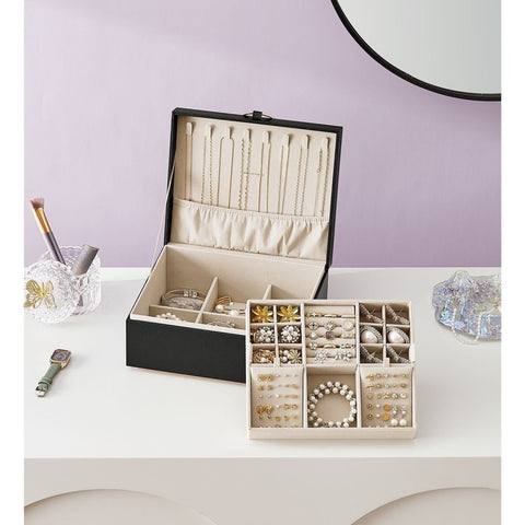 Rootz Jewelry Box Organizer - Black Storage Case - Velvet Lined - Compact Design - MDF Construction - 20.5cm x 24cm x 11cm