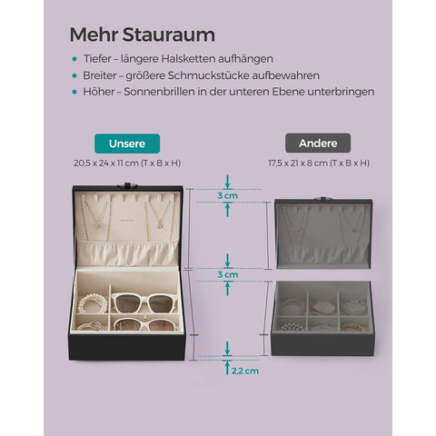 Rootz Jewelry Box Organizer - Black Storage Case - Velvet Lined - Compact Design - MDF Construction - 20.5cm x 24cm x 11cm