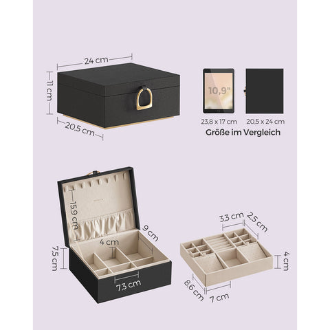 Rootz 2 Level Jewelry Box - Trinket Holder - Storage Case - Flexible Jewelry Tray - MDF & Velvet - 20.5cm x 24cm x 11cm - Black