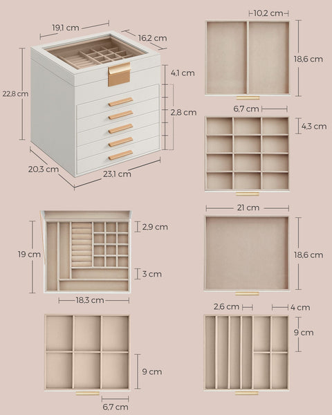Rootz Jewelry Box - Accessory Organizer - Storage Case - 6 Levels - Glass Lid - 20.3cm x 23.1cm x 22.8cm