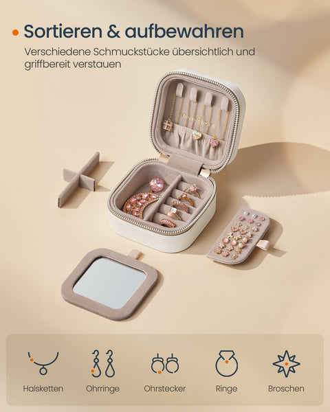 Rootz Travel Jewelry Box - Portable Jewelry Organizer - White Jewelry Case - PU Leather - 10.5 x 10.5 x 6 cm