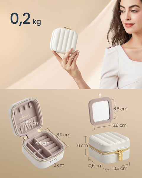 Rootz Travel Jewelry Box - Portable Jewelry Organizer - White Jewelry Case - PU Leather - 10.5 x 10.5 x 6 cm