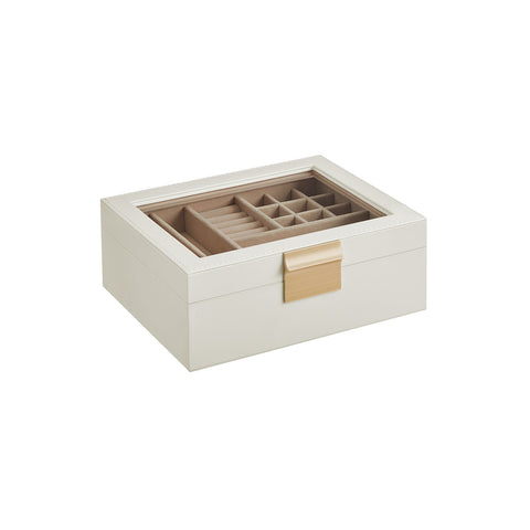 Rootz Jewelry Box Organizer - Storage Case - Velvet Lined - Glass Lid - MDF PU Construction - Cloud White-Metallic Gold - 18.5cm x 23cm x 8.5cm - 0.9kg