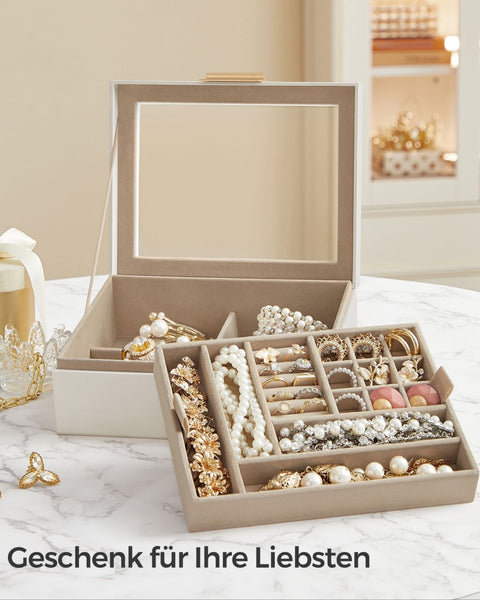 Rootz Jewelry Box Organizer - Storage Case - Velvet Lined - Glass Lid - MDF PU Construction - Cloud White-Metallic Gold - 18.5cm x 23cm x 8.5cm - 0.9kg