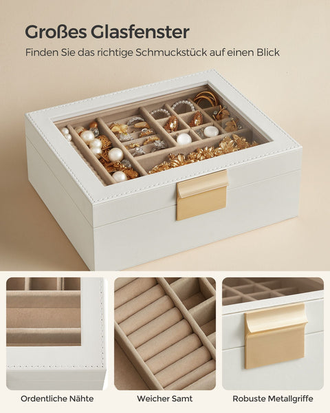 Rootz Jewelry Box - Trinket Organizer - Accessory Storage - Velvet Lining - 18.5cm x 23cm x 8.5cm - Cloud White Glass Lid