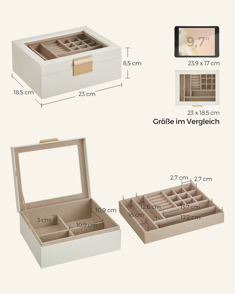 Rootz Jewelry Box - Trinket Organizer - Accessory Storage - Velvet Lining - 18.5cm x 23cm x 8.5cm - Cloud White Glass Lid