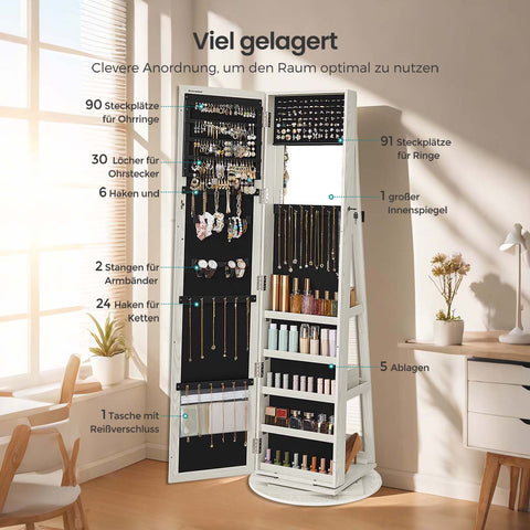 Rootz Jewelry Cabinet Stand Mirror - Mirror Cabinet - Rotatable Storage - 360° Rotation - 54cm x 161cm x 54cm