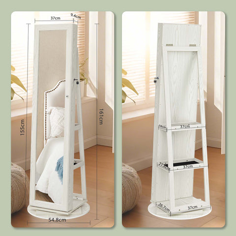 Rootz Jewelry Cabinet Stand Mirror - Mirror Cabinet - Rotatable Storage - 360° Rotation - 54cm x 161cm x 54cm