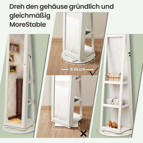 Rootz Jewelry Cabinet Stand Mirror - Mirror Cabinet - Rotatable Storage - 360° Rotation - 54cm x 161cm x 54cm