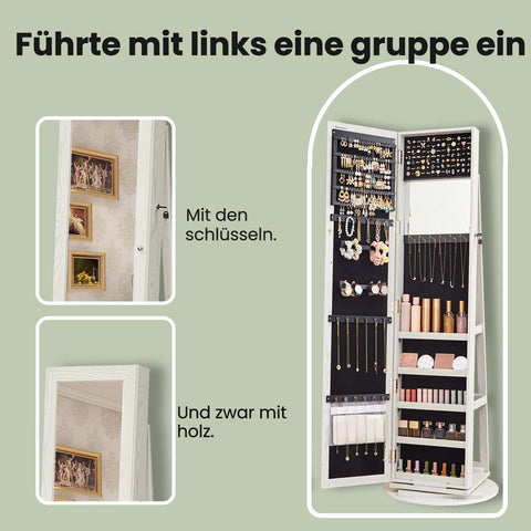 Rootz Jewelry Cabinet Stand Mirror - Mirror Cabinet - Rotatable Storage - 360° Rotation - 54cm x 161cm x 54cm