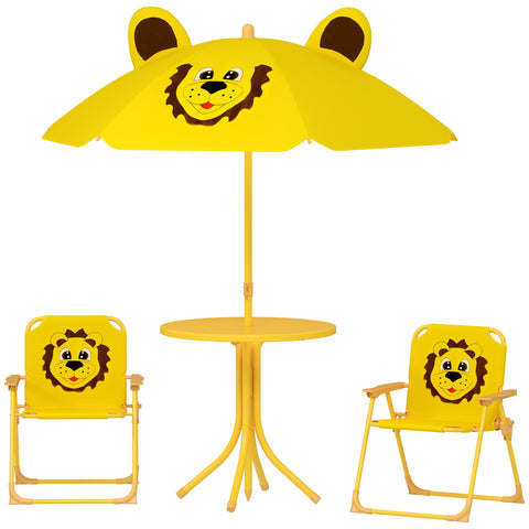 Rootz Children's Garden Furniture Set - Kids Chairs & Table - Lion Design - Adjustable Parasol - Easy Storage - Chair 36.5x38.5x50cm, Table Ø49.5x50h cm