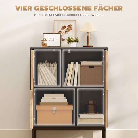 Rootz Sideboard Cabinet - Storage Cupboard, Buffet Console - Push-to-Open, Easy Access, Sturdy Metal Legs - Black & Natural Wood - 60x35x78 cm
