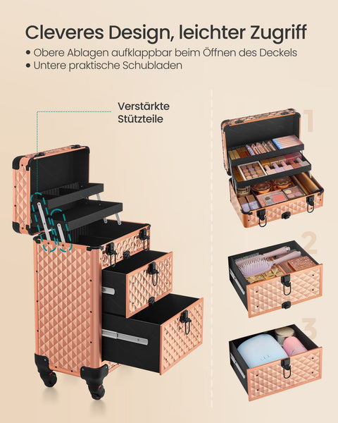 Rootz Champagne Gold Cosmetic Case - Makeup Organizer - Beauty Storage - Aluminum Frame - MDF - ABS Plastic - Portable - Lightweight - Spacious - 34cm x 24cm x 56cm