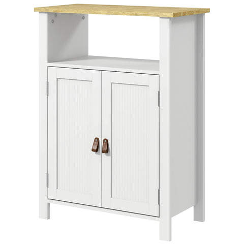 Rootz Low Bathroom Cabinet - Vanity Storage Unit - White & Natural Finish - Adjustable Shelves - 60W x 30D x 80.5H cm