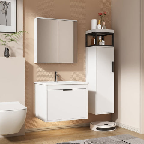 Rootz 3 Piece Bathroom Furniture Set - Bathroom Mirror Cabinet - Washbasin Unit - Soft Close Drawers - MDF - Elegant White - 59x46.5x47cm, 58.5x14x60cm, 120x30x30cm
