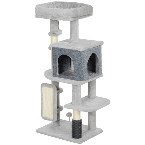 Rootz Scratching Post Cat Tower - Activity Center - Plush Bed - Protect Furniture - 44b x 34t x 104h cm - Grey