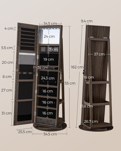 Rootz Jewelry Cabinet - Armoire - Organizer - Full-Length Mirror - 3 Shelves - 40cm x 36cm x 140cm