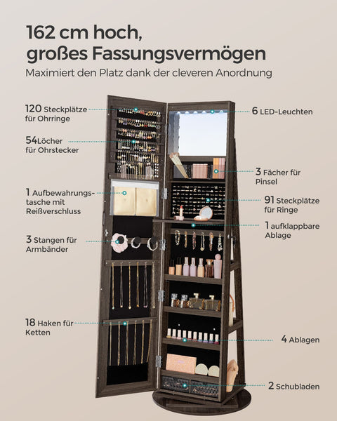 Rootz Jewelry Cabinet - Armoire - Organizer - Full-Length Mirror - 3 Shelves - 40cm x 36cm x 140cm