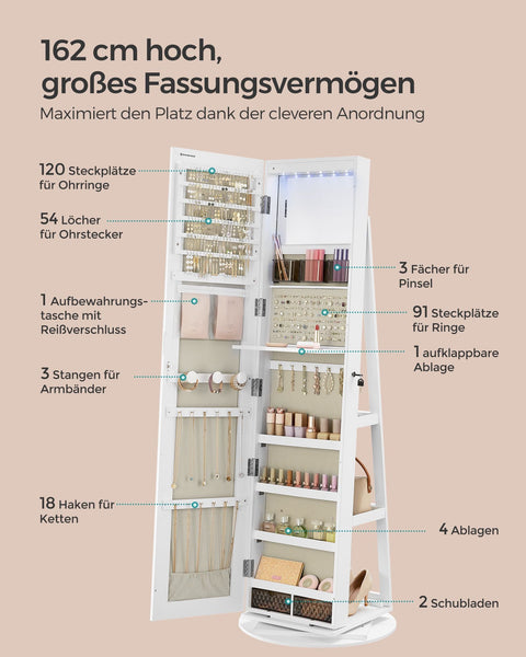 Rootz Jewelry Cabinet - Storage Organizer - Frameless Full-Length Mirror - Velvet Lining - 54.5cm x 54.5cm x 162cm