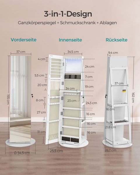 Rootz Jewelry Cabinet - Storage Organizer - Frameless Full-Length Mirror - Velvet Lining - 54.5cm x 54.5cm x 162cm