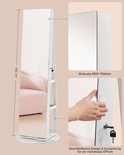 Rootz Jewelry Cabinet - Storage Organizer - Frameless Full-Length Mirror - Velvet Lining - 54.5cm x 54.5cm x 162cm