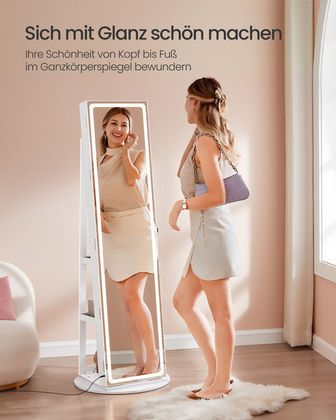 Rootz Jewelry Cabinet - Mirror Cabinet - Storage Organizer - LED Lighting - 55x55x159 cm - Cloud White