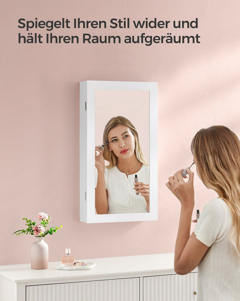 Rootz Jewelry Cabinet Organizer - White Mirror - Greige Lining - MDF Construction - Velvet Lining - Ample Storage Space - Secure Locking System - Easy Assembly - 10cm x 37cm x 67cm