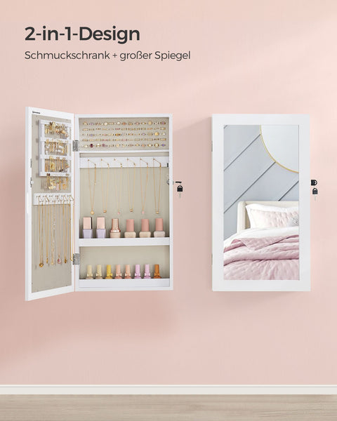 Rootz Jewelry Cabinet Organizer - White Mirror - Greige Lining - MDF Construction - Velvet Lining - Ample Storage Space - Secure Locking System - Easy Assembly - 10cm x 37cm x 67cm