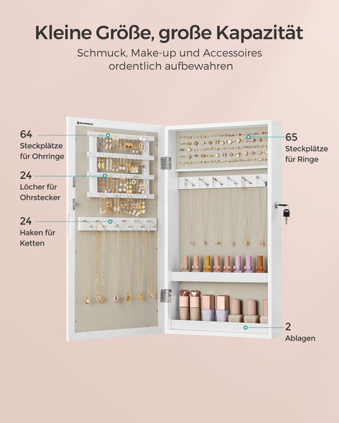 Rootz Jewelry Cabinet Organizer - White Mirror - Greige Lining - MDF Construction - Velvet Lining - Ample Storage Space - Secure Locking System - Easy Assembly - 10cm x 37cm x 67cm