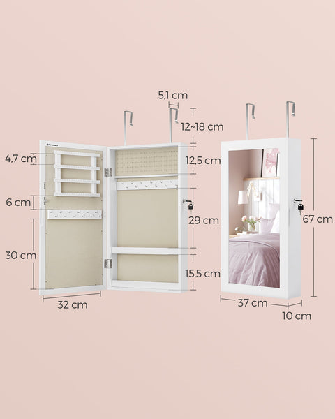 Rootz Jewelry Cabinet Organizer - White Mirror - Greige Lining - MDF Construction - Velvet Lining - Ample Storage Space - Secure Locking System - Easy Assembly - 10cm x 37cm x 67cm