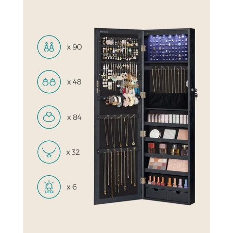 Rootz Black Jewelry Cabinet - Hanging Organizer - Wall Mounted Wardrobe - Space Saving - 37cm x 10cm x 120cm