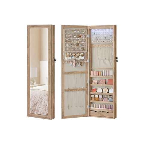 Rootz Jewelry Cabinet - Armoire - Storage Organizer - Illuminated Inner Mirror, Velvet Lining - 10cm x 37cm x 120cm - Brown