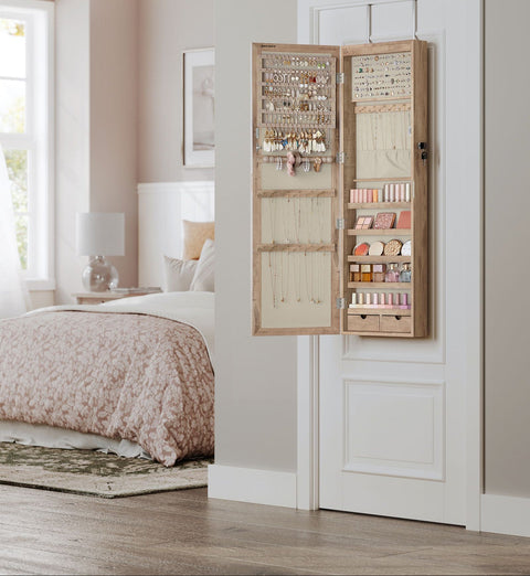 Rootz Jewelry Cabinet - Armoire - Storage Organizer - Illuminated Inner Mirror, Velvet Lining - 10cm x 37cm x 120cm - Brown