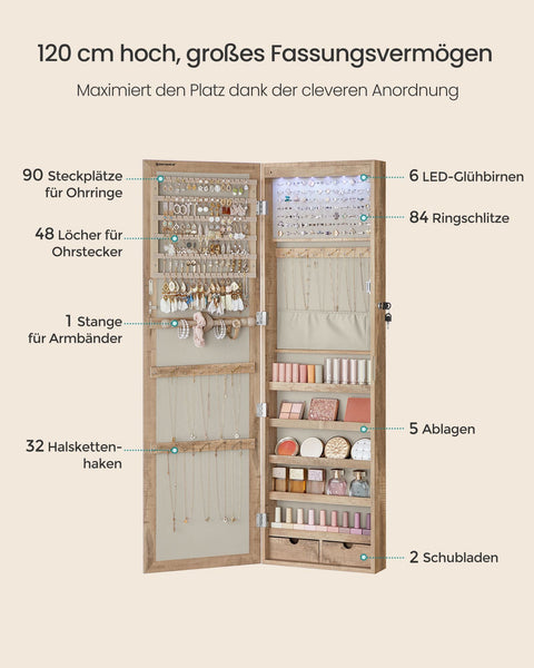 Rootz Jewelry Cabinet - Armoire - Storage Organizer - Illuminated Inner Mirror, Velvet Lining - 10cm x 37cm x 120cm - Brown