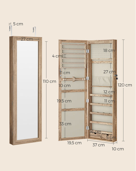 Rootz Jewelry Cabinet - Armoire - Storage Organizer - Illuminated Inner Mirror, Velvet Lining - 10cm x 37cm x 120cm - Brown