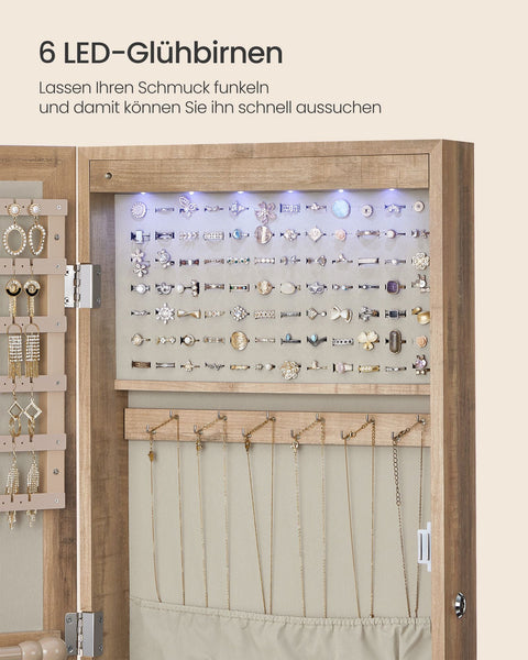 Rootz Jewelry Cabinet - Armoire - Storage Organizer - Illuminated Inner Mirror, Velvet Lining - 10cm x 37cm x 120cm - Brown