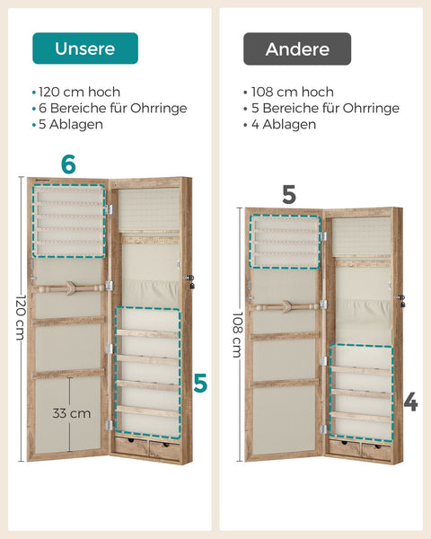 Rootz Jewelry Cabinet - Armoire - Storage Organizer - Illuminated Inner Mirror, Velvet Lining - 10cm x 37cm x 120cm - Brown