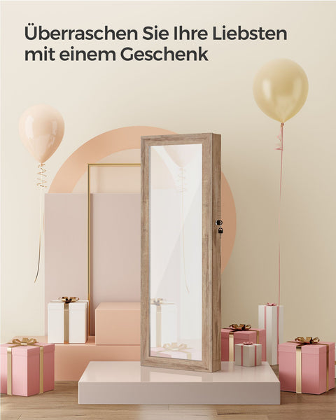 Rootz Jewelry Cabinet - Armoire - Storage Organizer - Illuminated Inner Mirror, Velvet Lining - 10cm x 37cm x 120cm - Brown