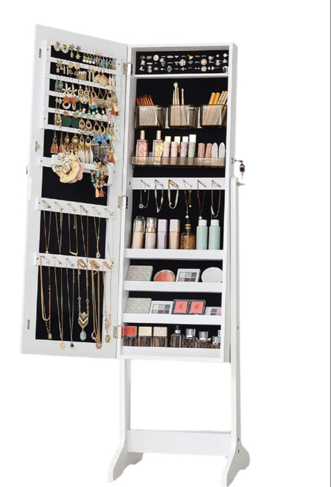 Rootz Standing Jewelry Cabinet - Mirror Cabinet - Full Body Mirror - Securely Stores Jewelry & Makeup - 41.2cm x 36.5cm x 152cm