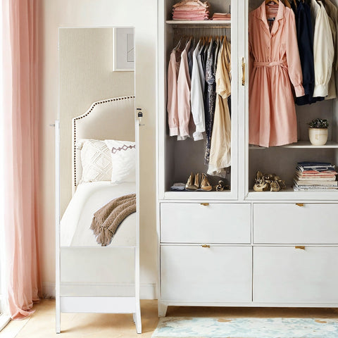 Rootz Standing Jewelry Cabinet - Mirror Cabinet - Full Body Mirror - Securely Stores Jewelry & Makeup - 41.2cm x 36.5cm x 152cm