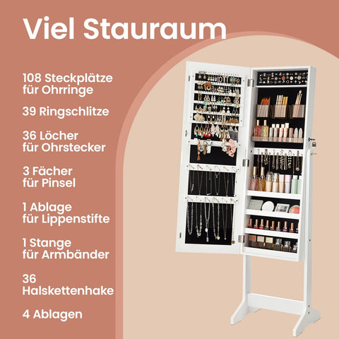 Rootz Standing Jewelry Cabinet - Mirror Cabinet - Full Body Mirror - Securely Stores Jewelry & Makeup - 41.2cm x 36.5cm x 152cm